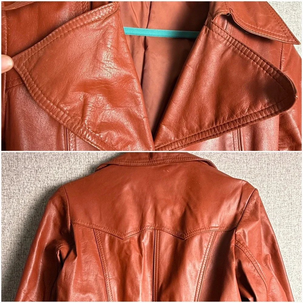 Vintage 70s Rust Brown Orange Leather Full Length Trench Coat Made Korea SMALL - Picture 7 of 16